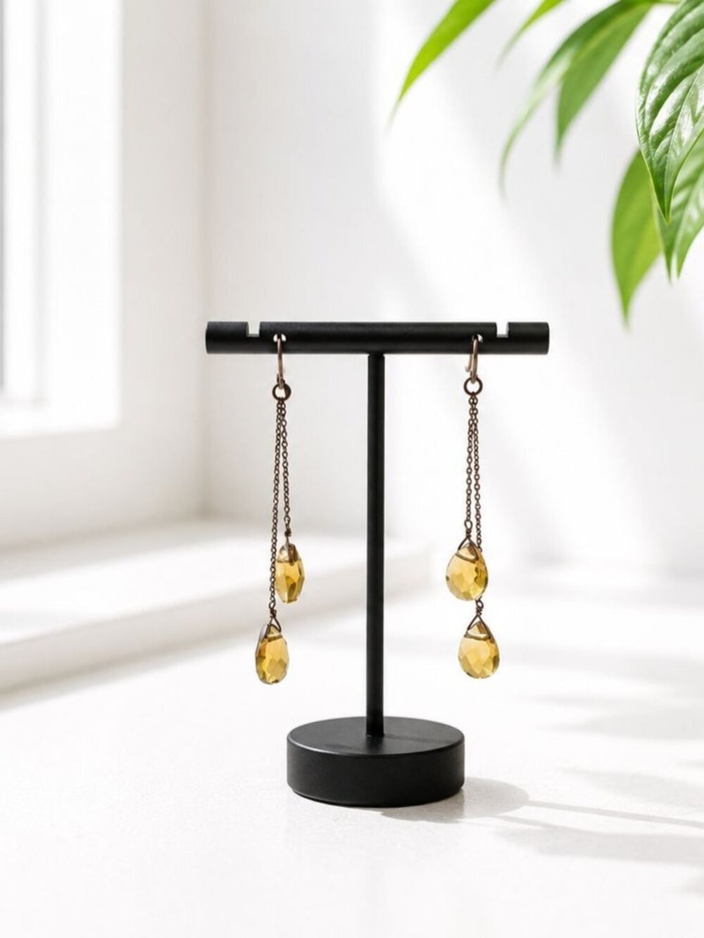 Yellow Teardrop Glass Dangle Earrings On Bronze Chains Vintage Style Jewelry